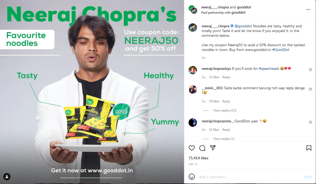 Neeraj Chopra paid partner ship with gooddot